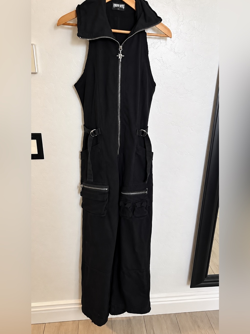 Darker Wavs Black Sleeveless Distressed Utility Zip Jumpsuit in Medium